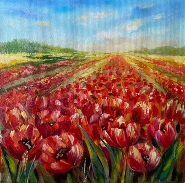 Malerei mit dem Titel "Scarlet Tulips" von Ludmila Gorbunova, Original-Kunstwerk, Öl
