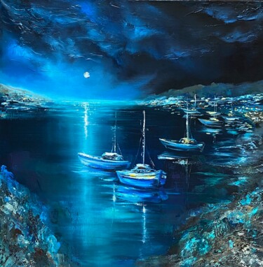 Painting titled "Moonlight Harbor" by Ludmila Gorbunova, Original Artwork, Oil Mounted on Wood Stretcher frame