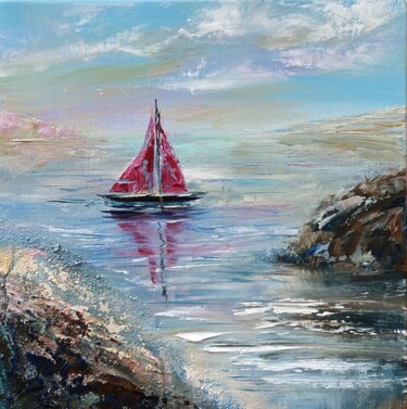 Painting titled "Scarlet Navigator" by Ludmila Gorbunova, Original Artwork, Oil Mounted on Wood Panel