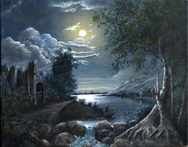 Картина под названием "Лунная ночь" - Ludmila Korableva, Подлинное произведение искусства, Масло Установлен на Деревянная па…