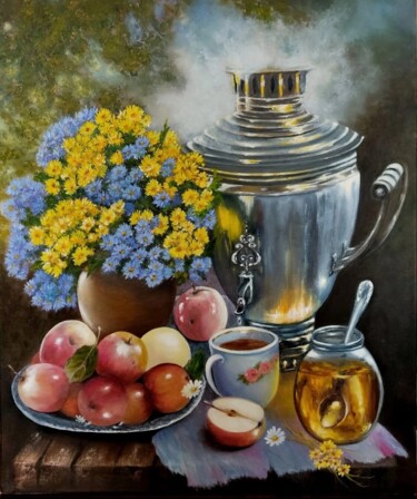 Painting titled "Летним утром" by Ludmila Korableva, Original Artwork, Oil Mounted on Wood Panel
