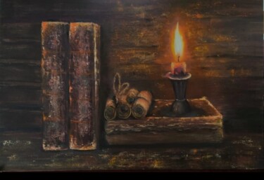 Painting titled "Старинные книги" by Ludmila Korableva, Original Artwork, Oil Mounted on Cardboard