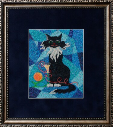 Painting titled "Embroidery The Cat…" by Ludmila Korets, Original Artwork, Embroidery Mounted on Cardboard