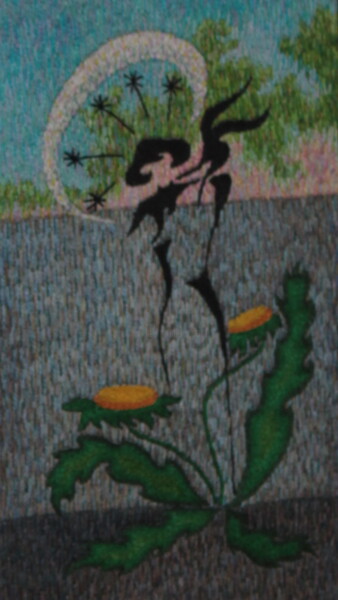 Sztuka tkaniny zatytułowany „Embroidery Dandelio…” autorstwa Ludmila Korets, Oryginalna praca, Haft Zamontowany na Karton