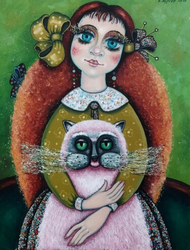 Schilderij getiteld "Girl with cat" door Liudmila Kylych, Origineel Kunstwerk, Olie