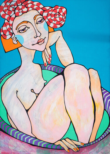 Painting titled "Thinking of..." by Ludmila Tokin, Original Artwork, Acrylic Mounted on Wood Panel