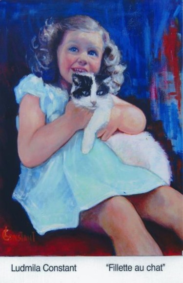 Peinture intitulée "Fillette au chat" par Ludmila Constant, Œuvre d'art originale, Huile
