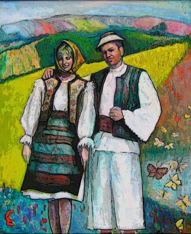 Peinture intitulée "Paysans" par Ludmila Constant, Œuvre d'art originale, Huile