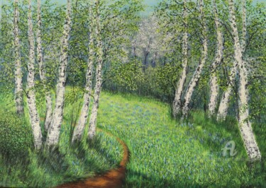 Painting titled "Birches in spring" by Ludmilla Ukrow, Original Artwork, Oil