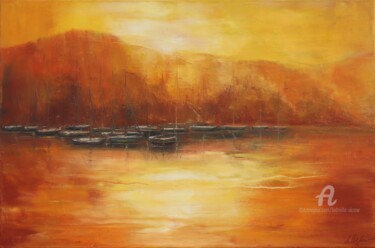 Painting titled "Port at the setting…" by Ludmilla Ukrow, Original Artwork, Oil