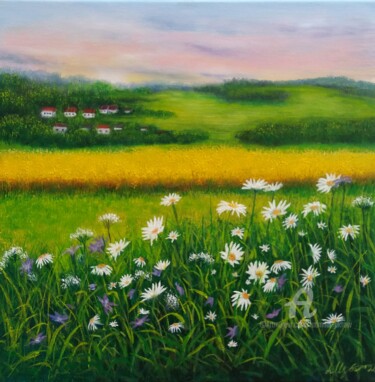 Painting titled "Camomile meadow" by Ludmilla Ukrow, Original Artwork, Oil