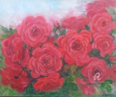 Painting titled "Red roses" by Ludmilla Ukrow, Original Artwork, Oil