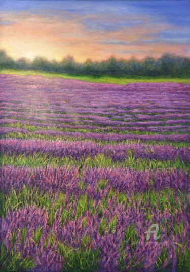 Schilderij getiteld "Sunrise in a lavend…" door Ludmilla Ukrow, Origineel Kunstwerk, Olie