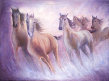 Painting titled "Horses in the light" by Ludmilla Ukrow, Original Artwork, Oil