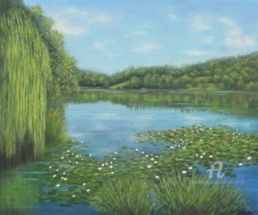 Painting titled "Idyll at the pond" by Ludmilla Ukrow, Original Artwork, Oil