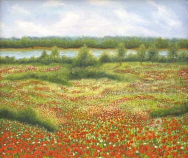 Painting titled "Poppies field in su…" by Ludmilla Ukrow, Original Artwork, Oil