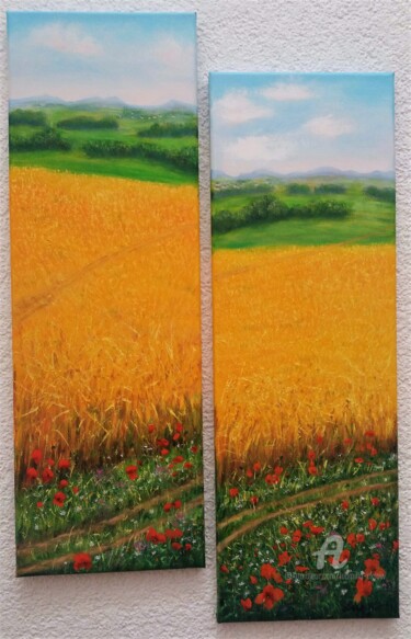 Schilderij getiteld "Wheat field in summ…" door Ludmilla Ukrow, Origineel Kunstwerk, Olie