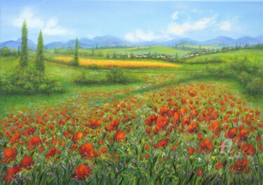 Painting titled "Poppy landscape" by Ludmilla Ukrow, Original Artwork, Oil