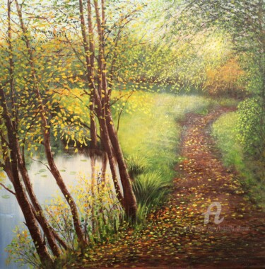 Painting titled "On autumnal pond" by Ludmilla Ukrow, Original Artwork, Oil