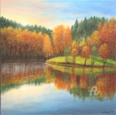 Painting titled "The autumnal pond" by Ludmilla Ukrow, Original Artwork, Oil