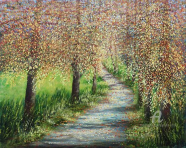 Painting titled "The autumnal avenue" by Ludmilla Ukrow, Original Artwork, Oil
