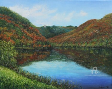 Painting titled "The autumnal lake" by Ludmilla Ukrow, Original Artwork, Oil