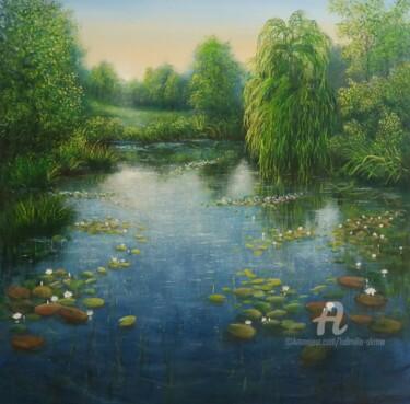 Картина под названием "Pond with water lil…" - Ludmilla Ukrow, Подлинное произведение искусства, Масло