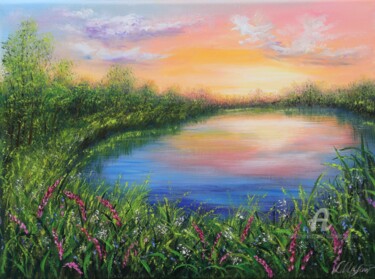 Painting titled "Colorful sunset at…" by Ludmilla Ukrow, Original Artwork, Oil