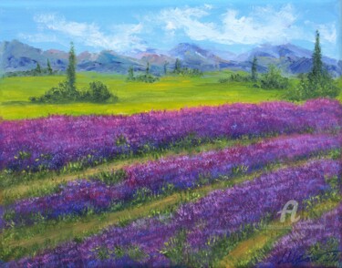 Painting titled "The lavender field" by Ludmilla Ukrow, Original Artwork, Oil
