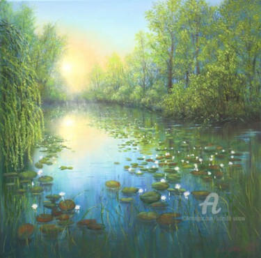 Painting titled "Sunrise at the pond" by Ludmilla Ukrow, Original Artwork, Oil