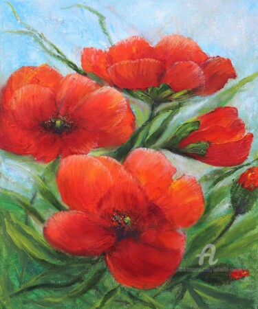 Painting titled "Poppy flowers 2" by Ludmilla Ukrow, Original Artwork, Oil