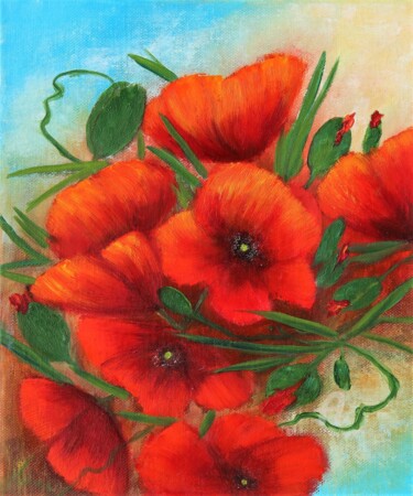 Painting titled "Poppy flowers" by Ludmilla Ukrow, Original Artwork, Oil
