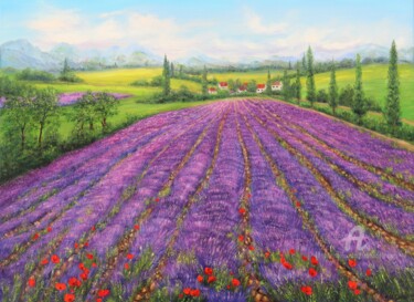 Malerei mit dem Titel "Lavender landscape 3" von Ludmilla Ukrow, Original-Kunstwerk, Öl