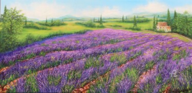 Painting titled "Lavender field" by Ludmilla Ukrow, Original Artwork, Oil