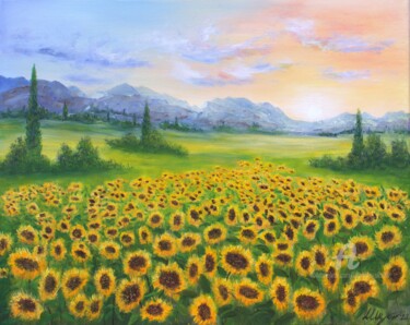 Painting titled "Sunflowers field" by Ludmilla Ukrow, Original Artwork, Oil