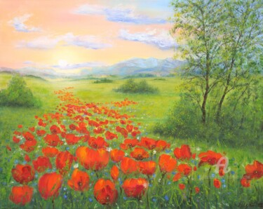 Painting titled "Sunrise in a poppy…" by Ludmilla Ukrow, Original Artwork, Oil