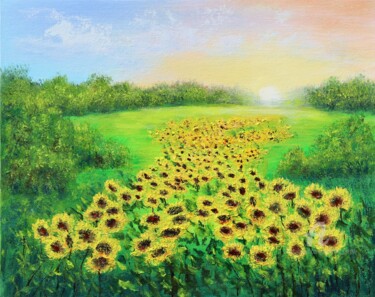 Painting titled "Sunflowers by sunri…" by Ludmilla Ukrow, Original Artwork, Oil
