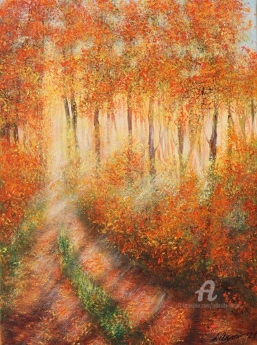 Malerei mit dem Titel "Autumnal forest" von Ludmilla Ukrow, Original-Kunstwerk, Öl