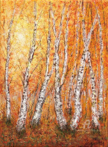 Peinture intitulée "Autumn birch trees" par Ludmilla Ukrow, Œuvre d'art originale, Huile
