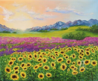 Painting titled "Lavender and sunflo…" by Ludmilla Ukrow, Original Artwork, Oil