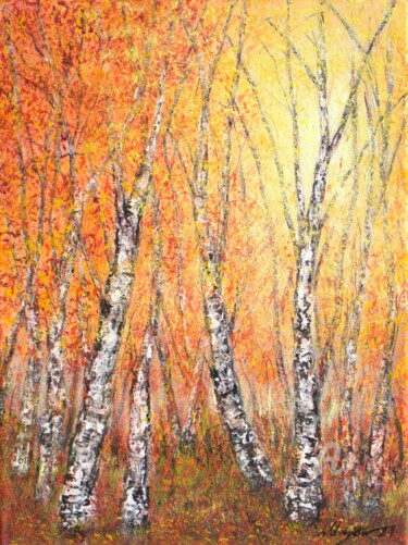 Painting titled "Autumn birch" by Ludmilla Ukrow, Original Artwork, Oil