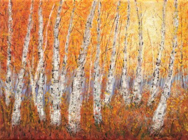 Painting titled "Birch fall forest" by Ludmilla Ukrow, Original Artwork, Oil