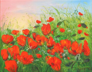 Schilderij getiteld "Poppy field in summ…" door Ludmilla Ukrow, Origineel Kunstwerk, Olie