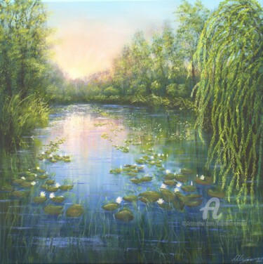 Painting titled "Water lilies pond" by Ludmilla Ukrow, Original Artwork, Oil