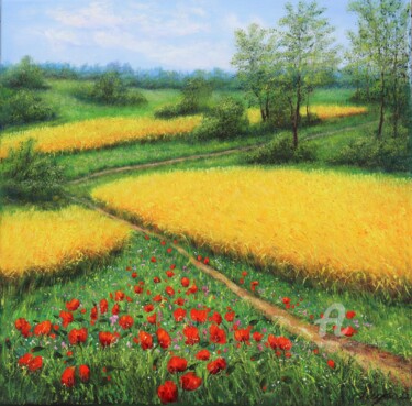 Painting titled "Wheat field and red…" by Ludmilla Ukrow, Original Artwork, Oil