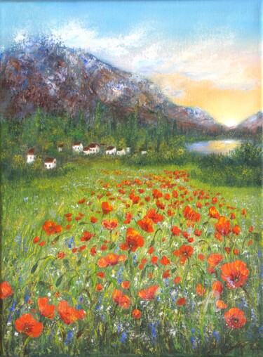 Painting titled "Sunset at the wildf…" by Ludmilla Ukrow, Original Artwork, Oil