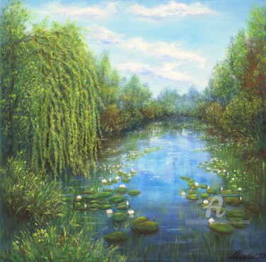 Painting titled "Water lily pond" by Ludmilla Ukrow, Original Artwork, Oil