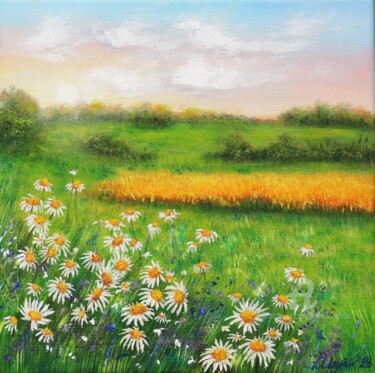 Painting titled "Daisy meadow" by Ludmilla Ukrow, Original Artwork, Oil