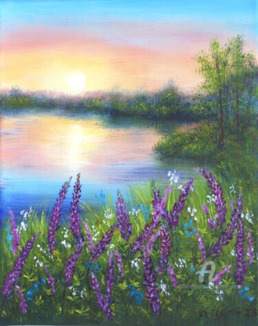 Malarstwo zatytułowany „Lake with lupines m…” autorstwa Ludmilla Ukrow, Oryginalna praca, Olej