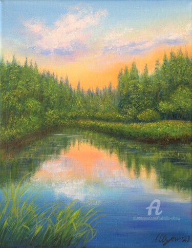 Картина под названием "Lake landscape" - Ludmilla Ukrow, Подлинное произведение искусства, Масло